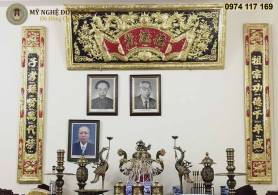 Bộ hoành phi câu đối 1m76 đồng vàng cuốn thư nền đỏ